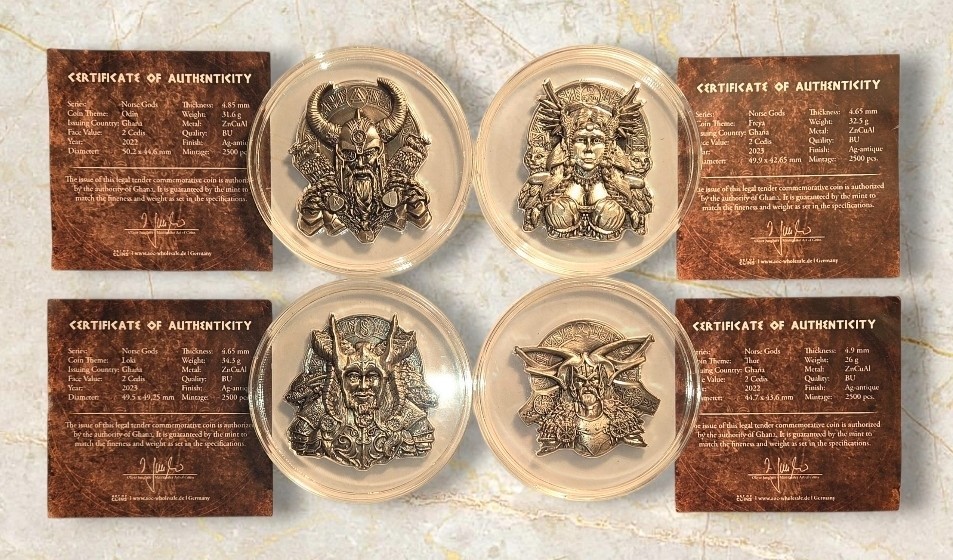 FREYA ODIN THOR LOKI Set Lot 4 Norse Gods Silver Plated ZnCuAl BRAND NEW Capsule