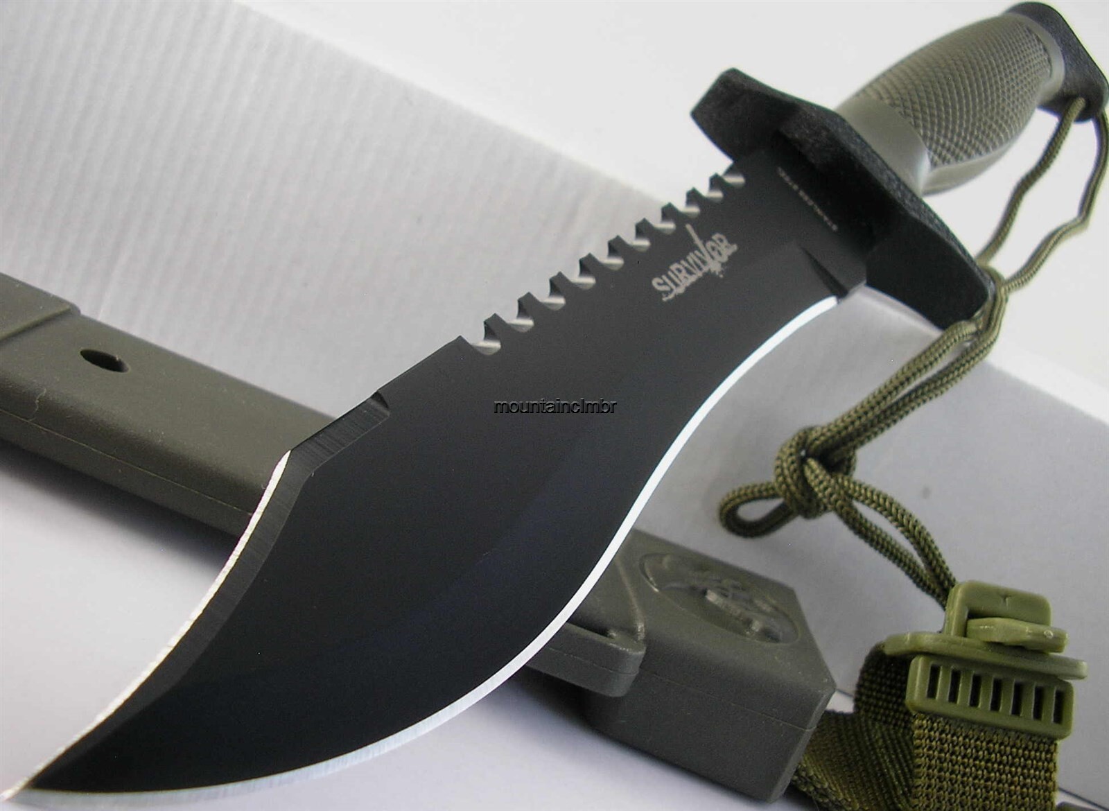 Survivor Outdoor Clip Point Bowie Sawback 12" / 7 " OD Olive Handle Knife 6001