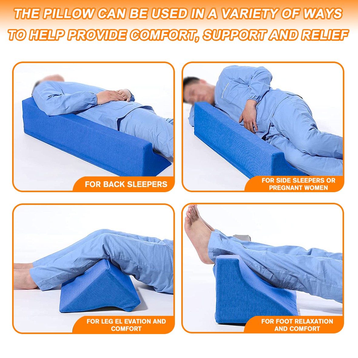 30° Incline Wedge Pillow Foam Bed For Side Sleeper Medical Elevated Bolster Blue