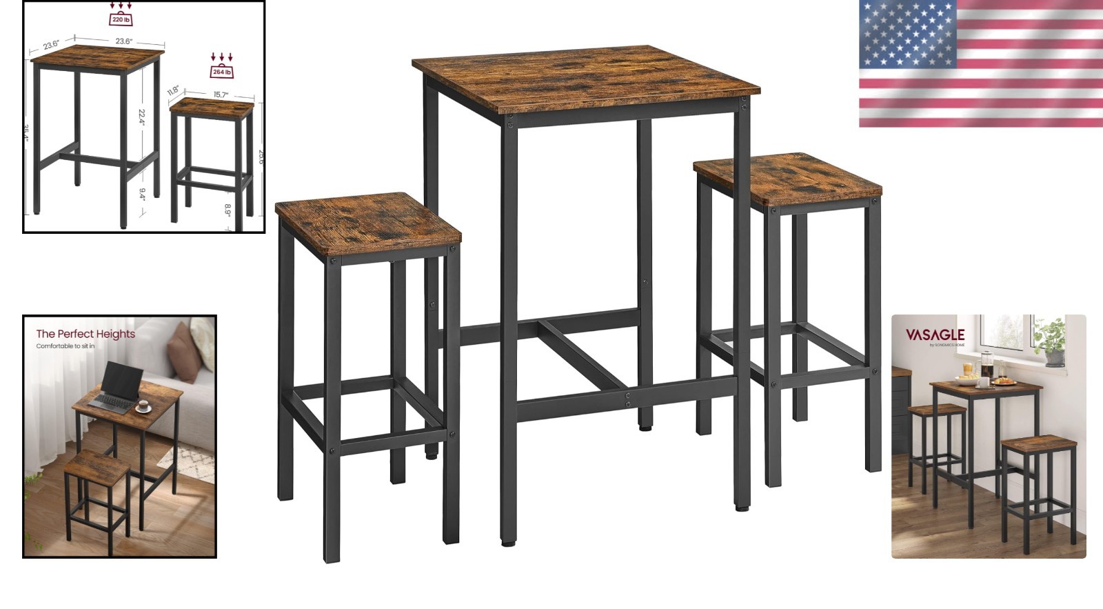 Stylish Dining Pub Set for 2 - Compact Bar Table with Stools for Small Spaces