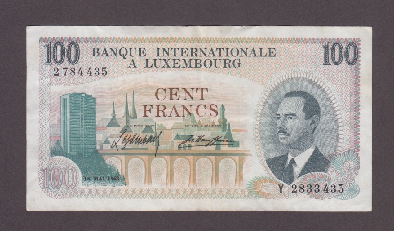 LUXEMBOURG P.14-4435 BANQUE INTERNATIONALE  100 FRANCS 1968 PFX Y  VF 2607