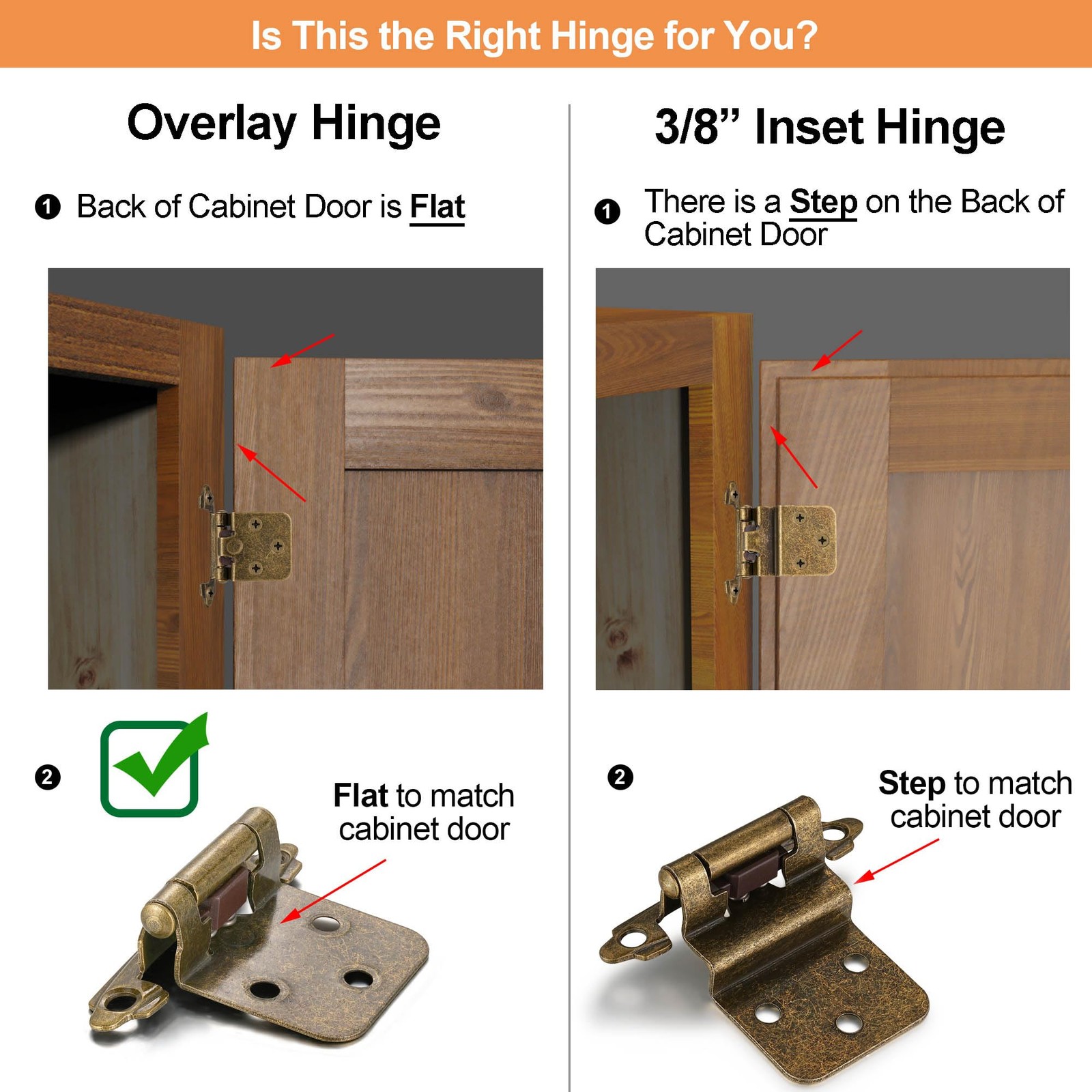 10-Pack 5 Pair Antique Brass 1/2" Overlay Self Closing Cabinet Hinges Semi