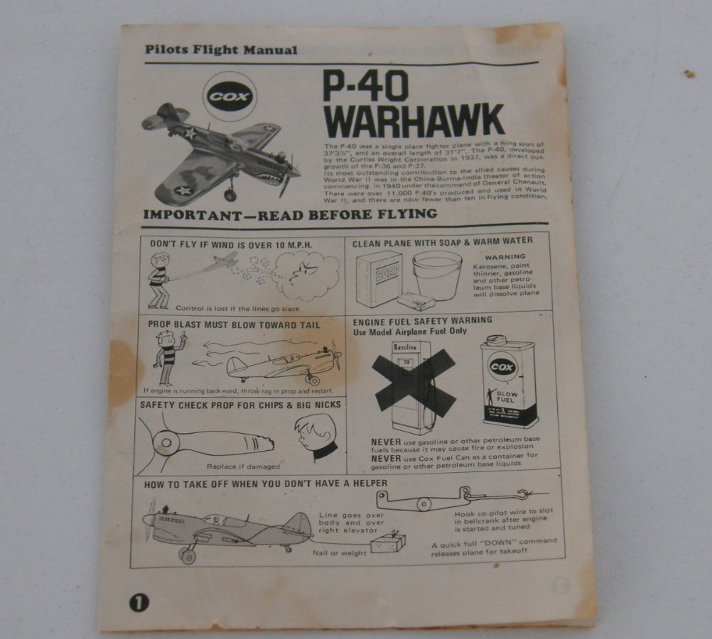 COX .049 P40 WARHAWK AIRPLANE OWNERS FLIGHT INSTRUCTION & 049 ENGINE MANUAL 1974