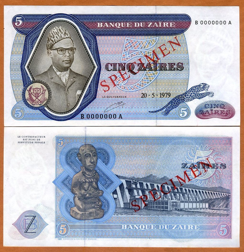 SPECIMEN, Zaire, 5 Zaires 1979, P-22s UNC
