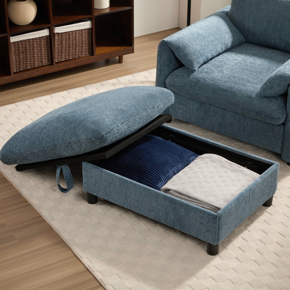 37" Cloud Chaise Sofa w/ Storage Ottoman, Charger & Phone Holder, Blue