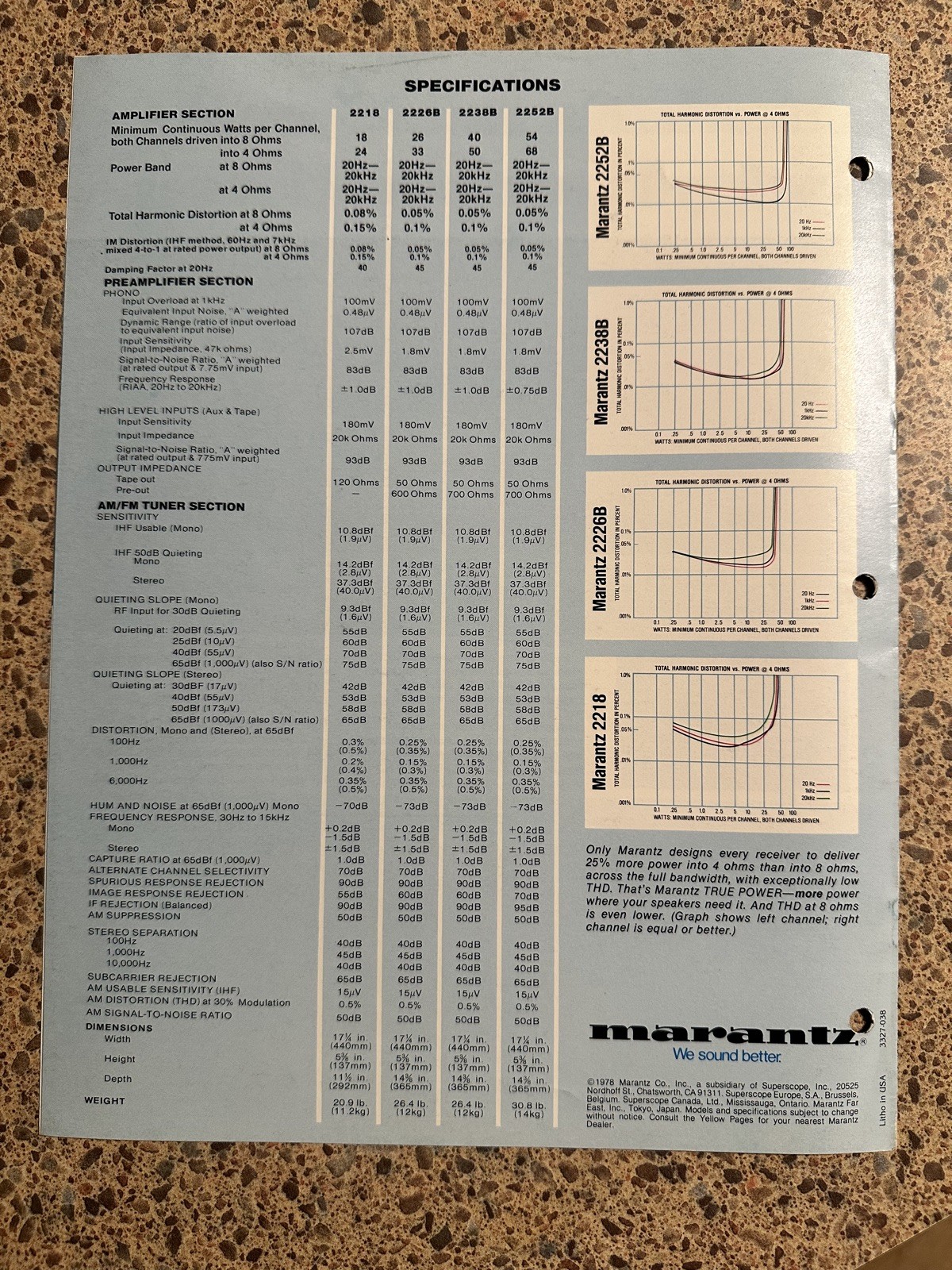 Marantz 2252B 2238B 2226B 2218 Stereo Receiver Brochure 1974 Advertisement Rare