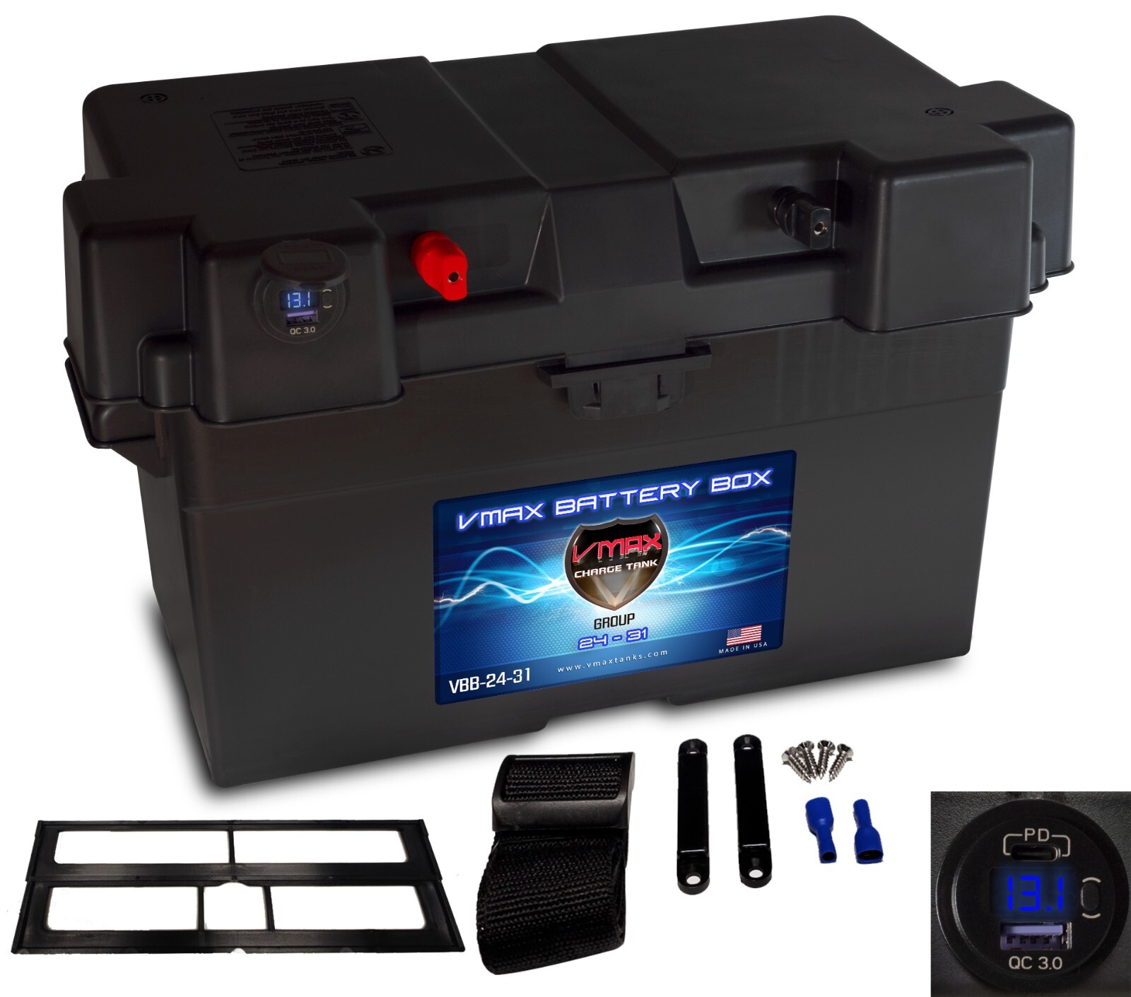 VMAX Trolling Motor Smart Battery Box GPI 27- 31 w/ USB/2USB-C Ports voltmeter