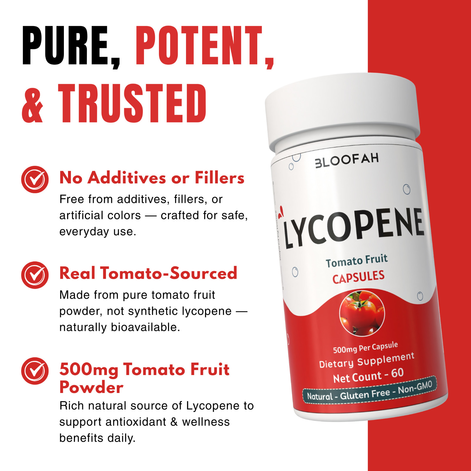 Bloofah Lycopene Tomato Fruit Powder Capsules 500mg | 60 Count | Clean Label