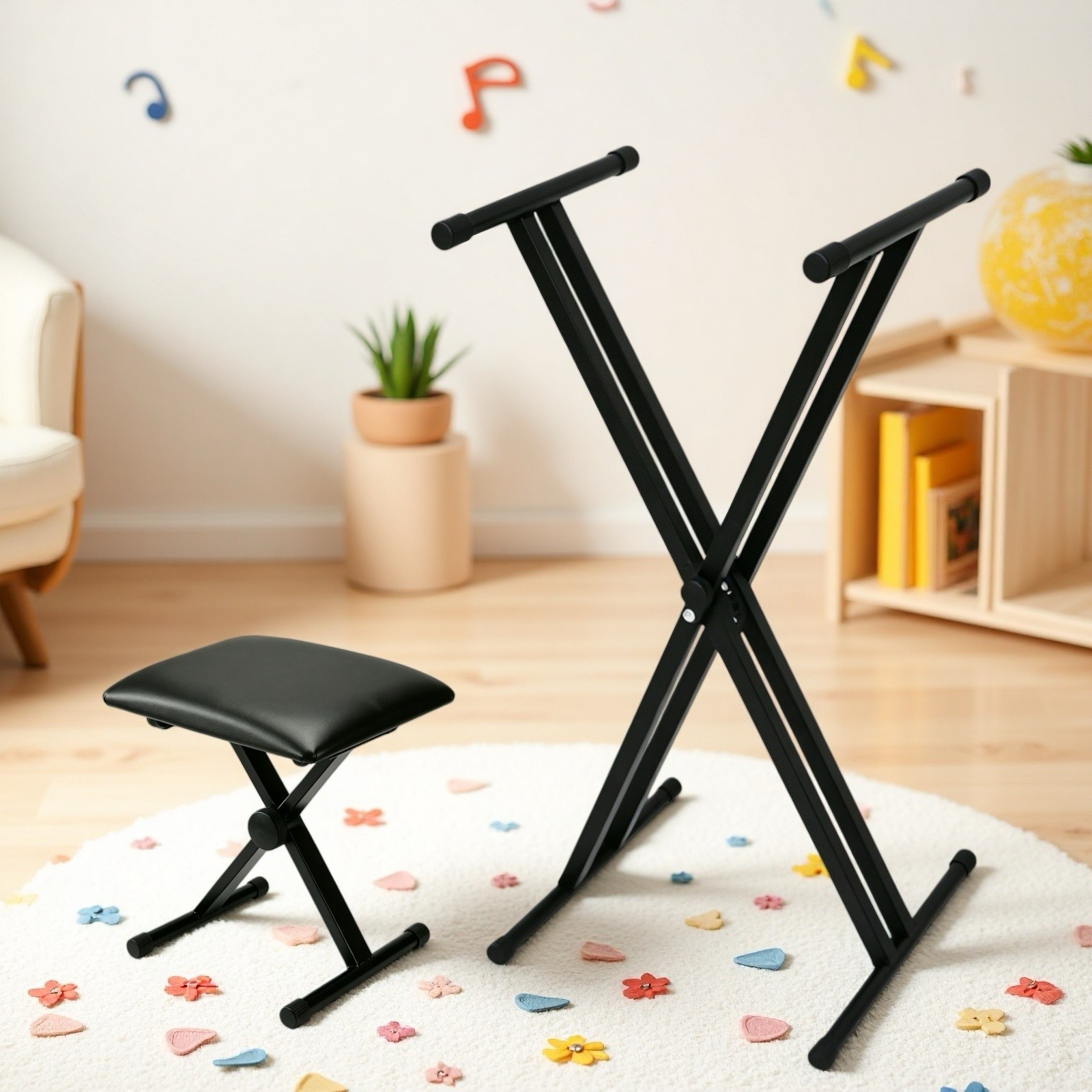 Folding Keyboard Stand & Stool Set - Double Braced X-Style Adjustable Dual-Tube