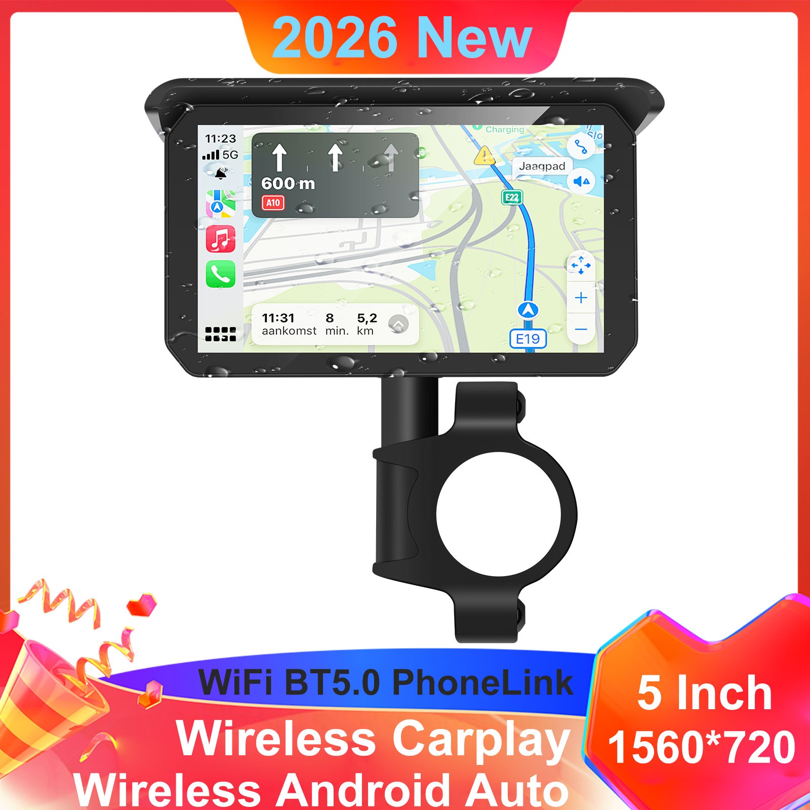 Portable 5" Motorcycle CarPlay GPS Navigation Wireless Android Auto Waterproof