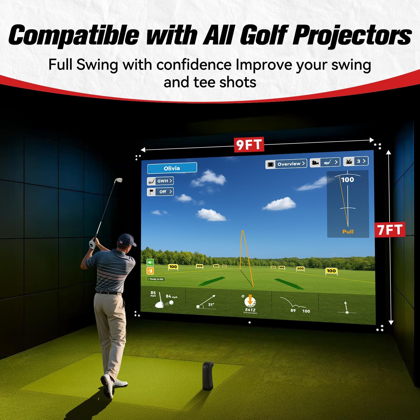 9x7ft Golf Simulator Impact Screen with 10 Bungee Cords