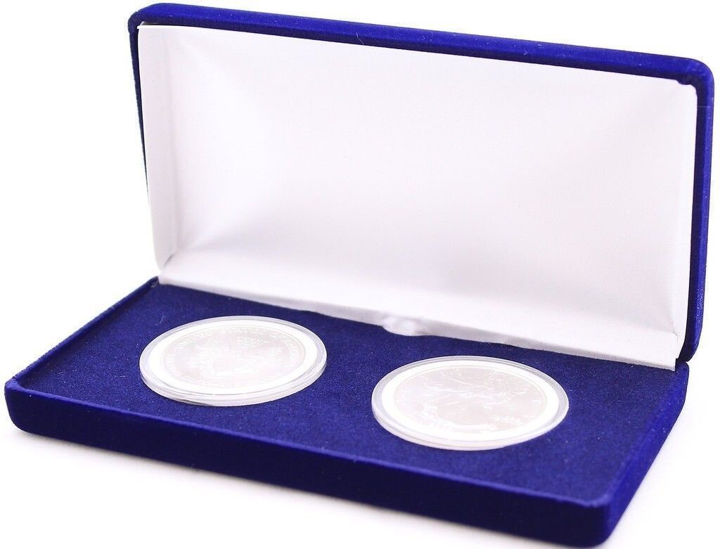 Velvet Display Box & 2 Airtite Coin Capsule Holders for Silver Dollars & Other