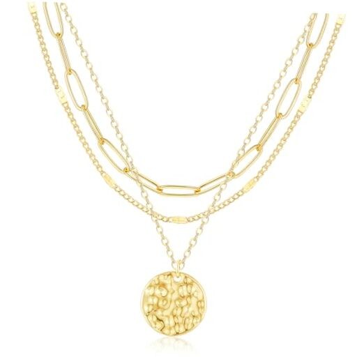 Layered Gold Necklace for Women, 14K Gold Plated Layered Uneven Disc Pendant