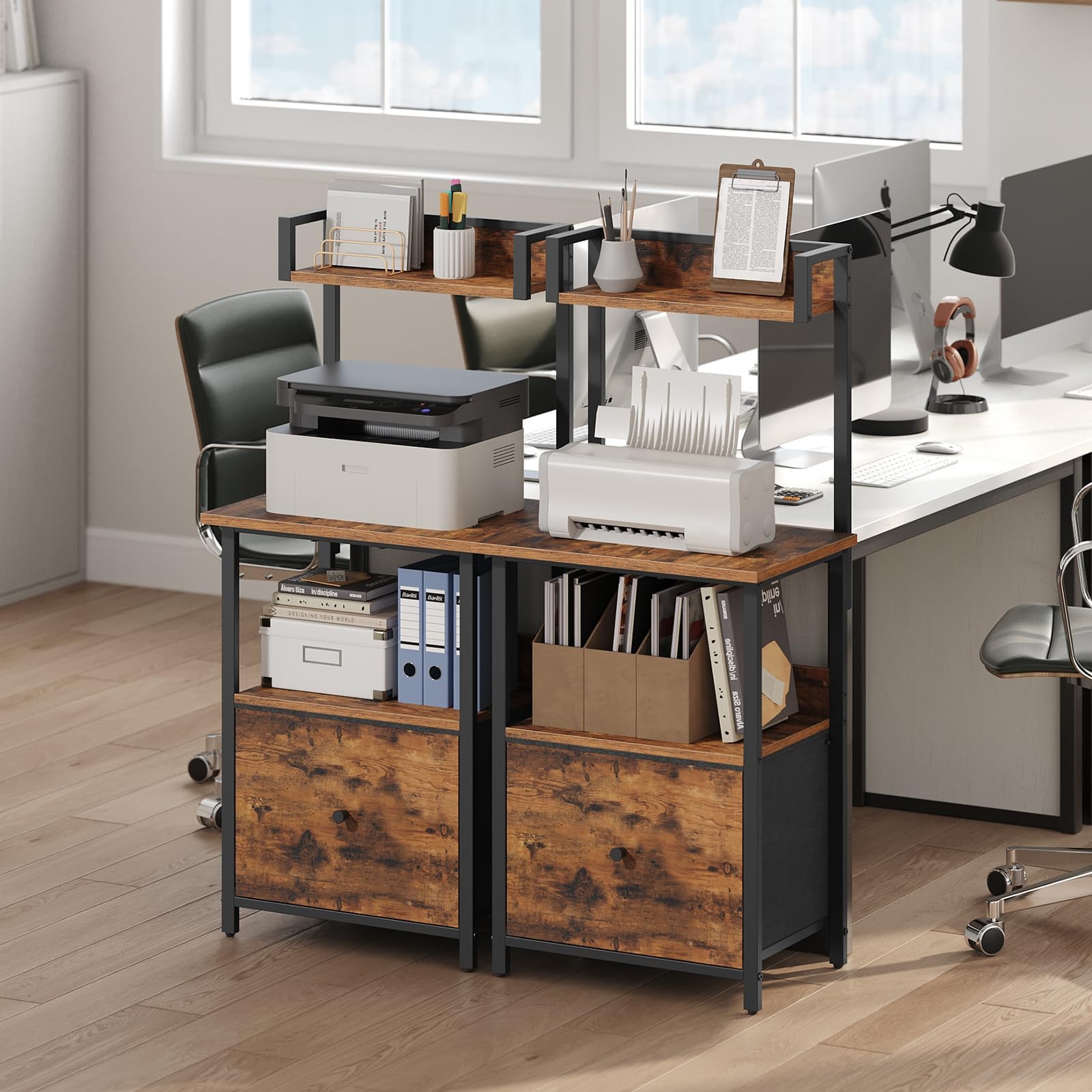 Printer Table with Storage, Home Printer Stand with File Cabinet, Fits A4/Let...