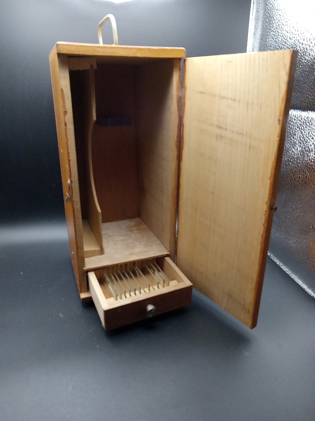 Vintage Wooden Dovetail Box Slides Travel Carrying  Case Industrial Metal Handle
