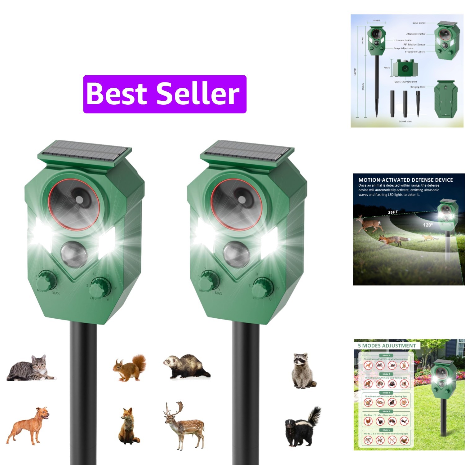 2-Pack Solar Powered Ultrasonic Animal Repeller with Motion Sensor, Outdoor W...
