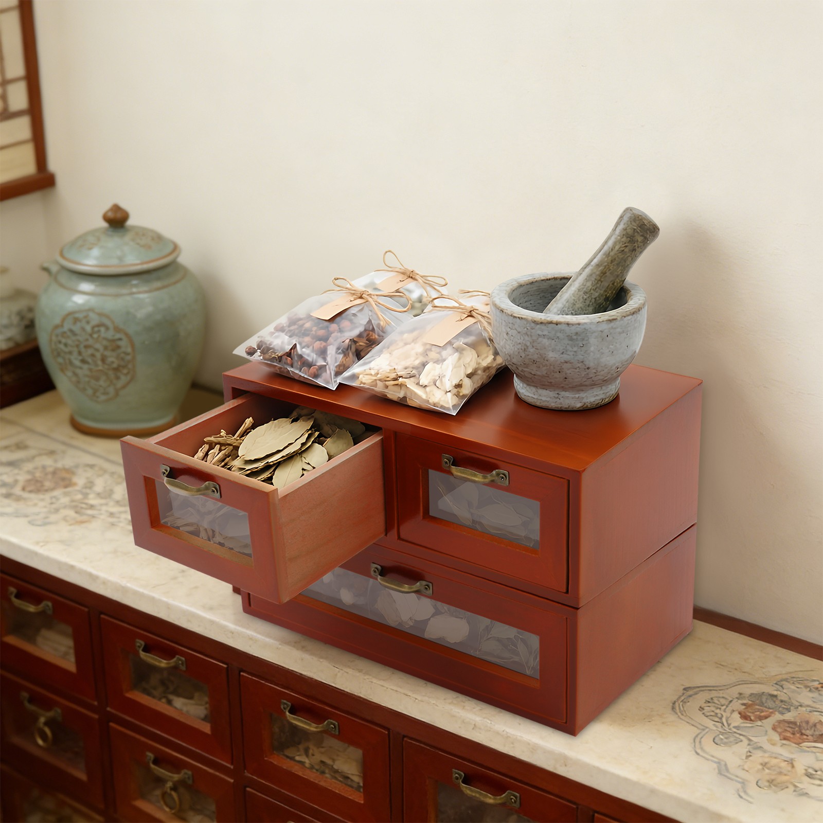 Stackable Wooden Storage Cabinets, 2 Desktop Organizing Cabinets with 3 Drawers