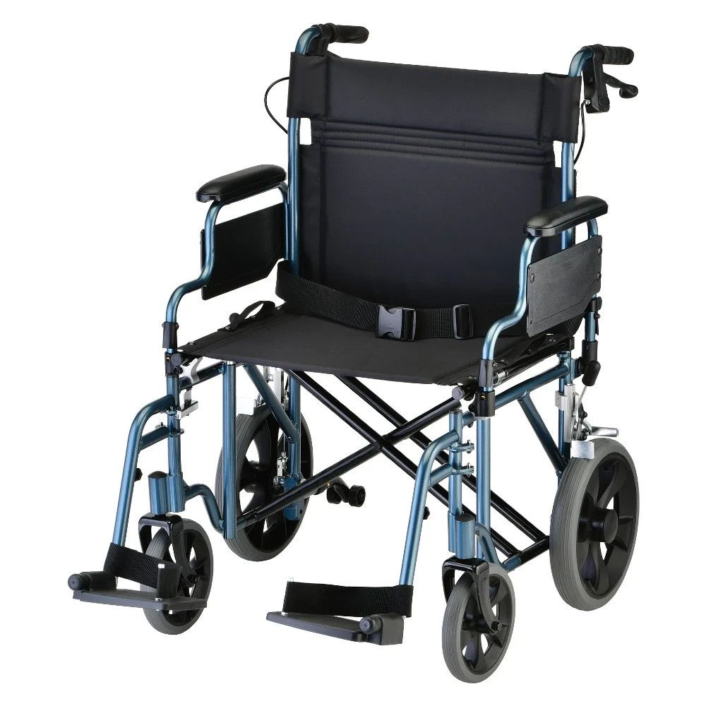 Nova Medical Heavy Duty Transport Chair 12" Wheel Hand Brakes 22" Wide Blue 332B
