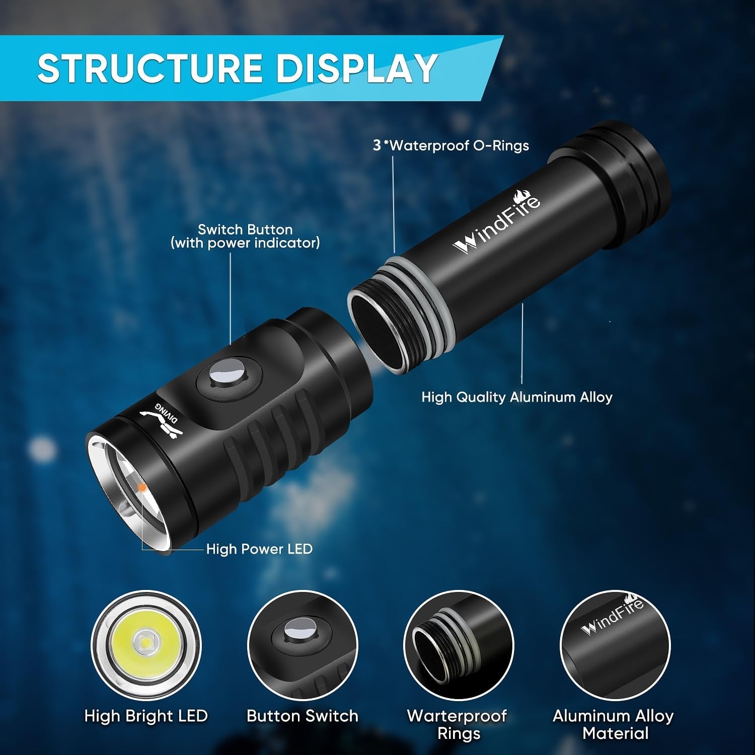 WINDFIRE Dive Light Scuba Diving Flashlight, Super Bright Rechargeable Waterproo