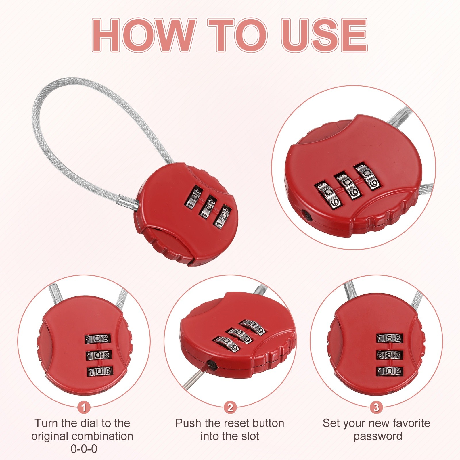 3-Pack Combination Locker Lock, 3 Digit Padlock for Gym/Luggage [Red]