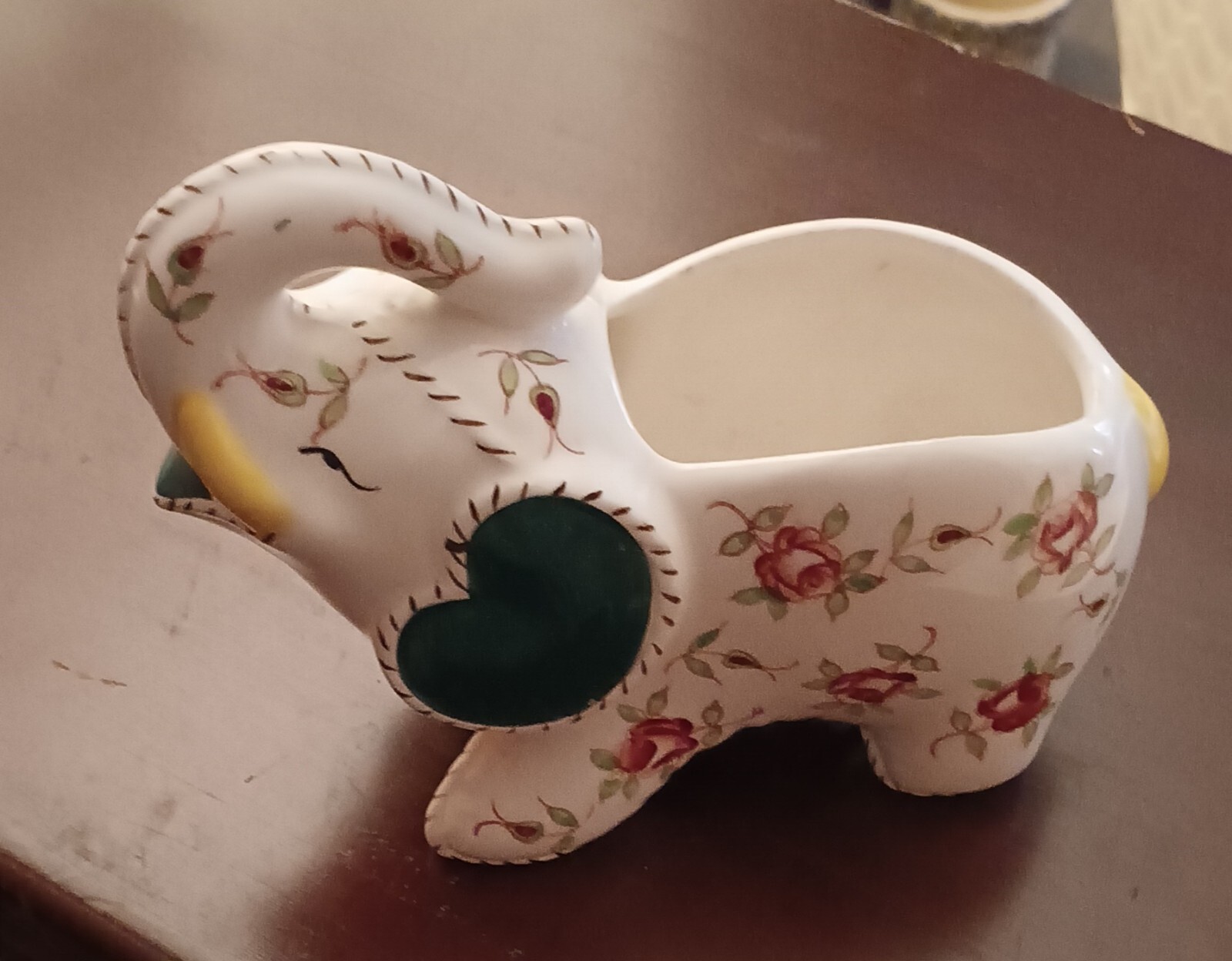 Vintage Floral Chintz Stitched Lucky Elephant Planter 6" Circle N Logo