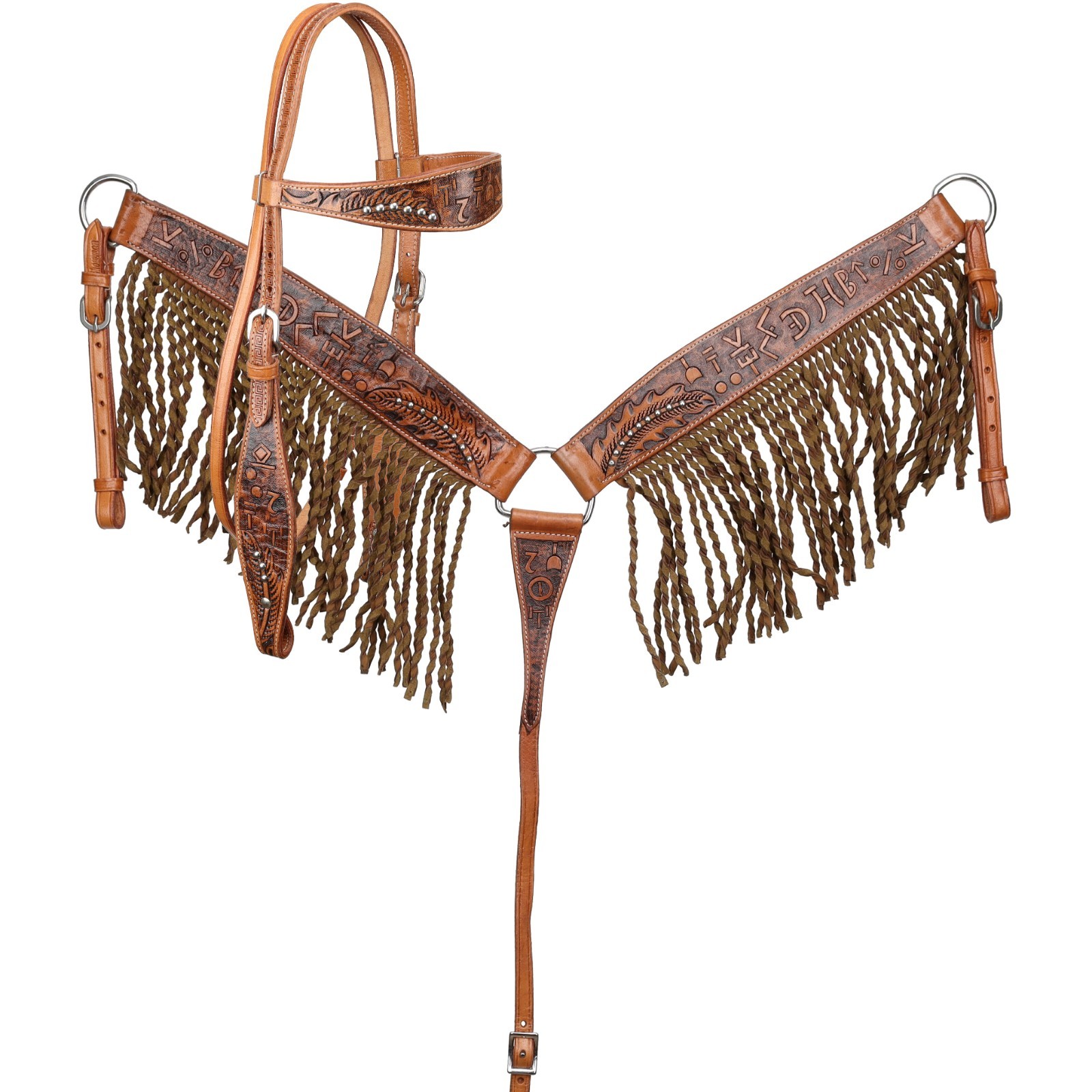 Brandin’ Pen Tooled Brand Designs Browband Headstall & Fringe Breast Collar NEW