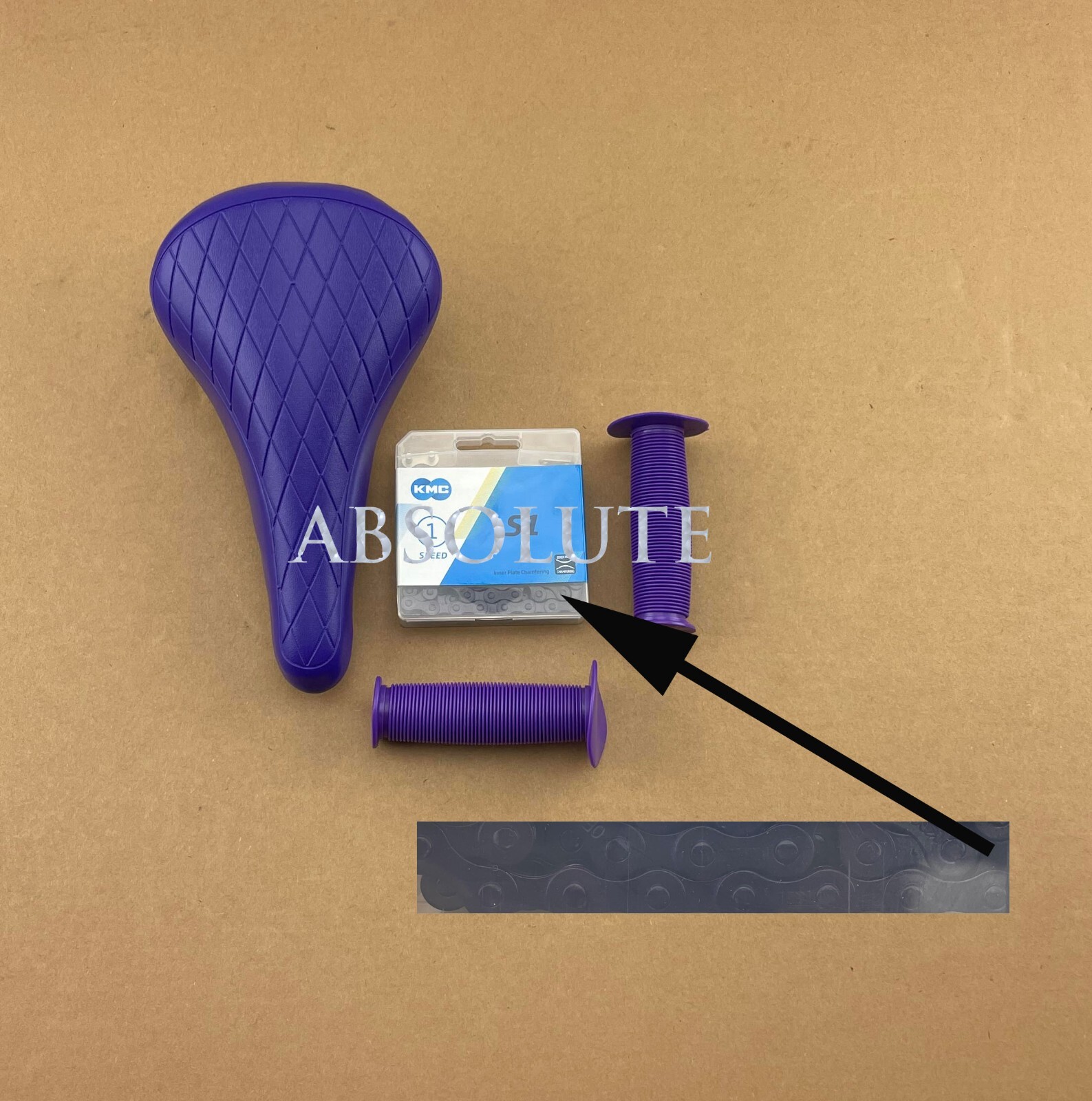 PURPLE DIAMOND STITCHED BMX BIKE SADDLE W/ BMX KMC CHAIN &MUSHROOM STYLE GRIP