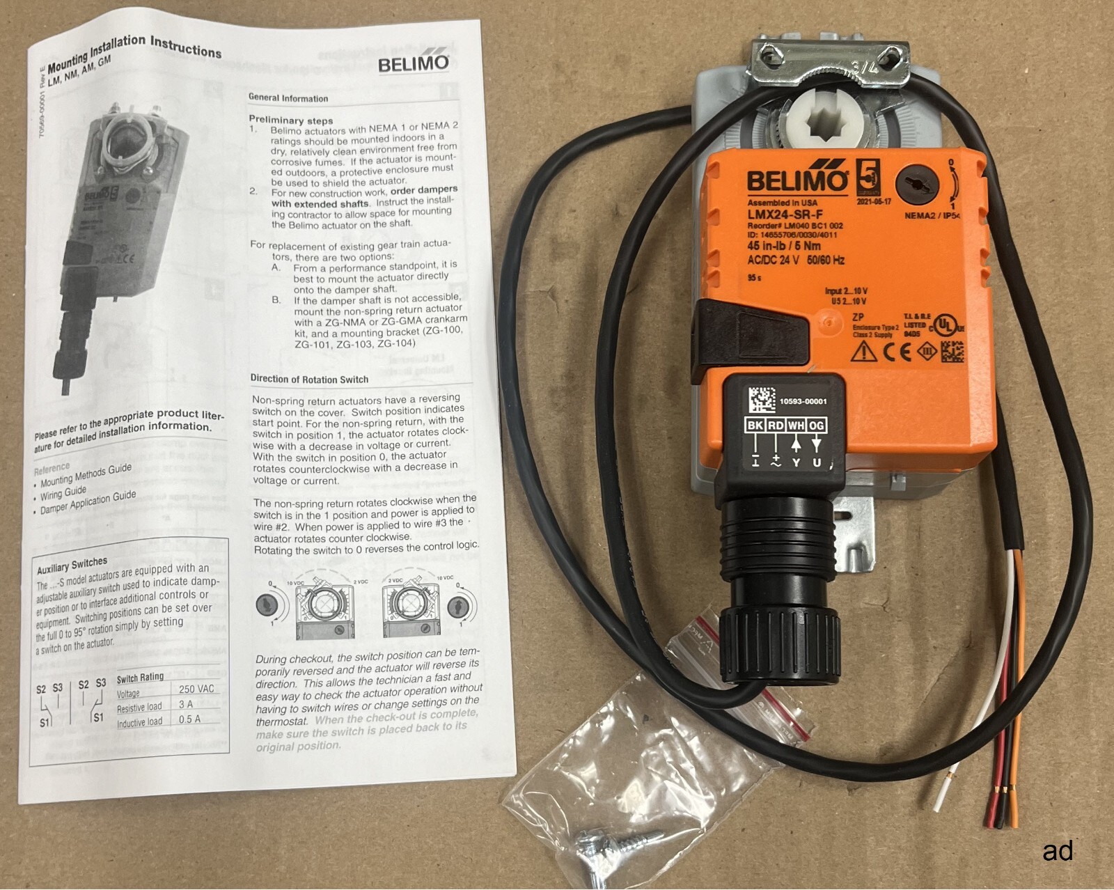 BELIMO LMX24-SR-F Damper Actuator 45in-lbs (5Nm) AC/DC 24V 50/60 Hz, 8x8mm Shaft