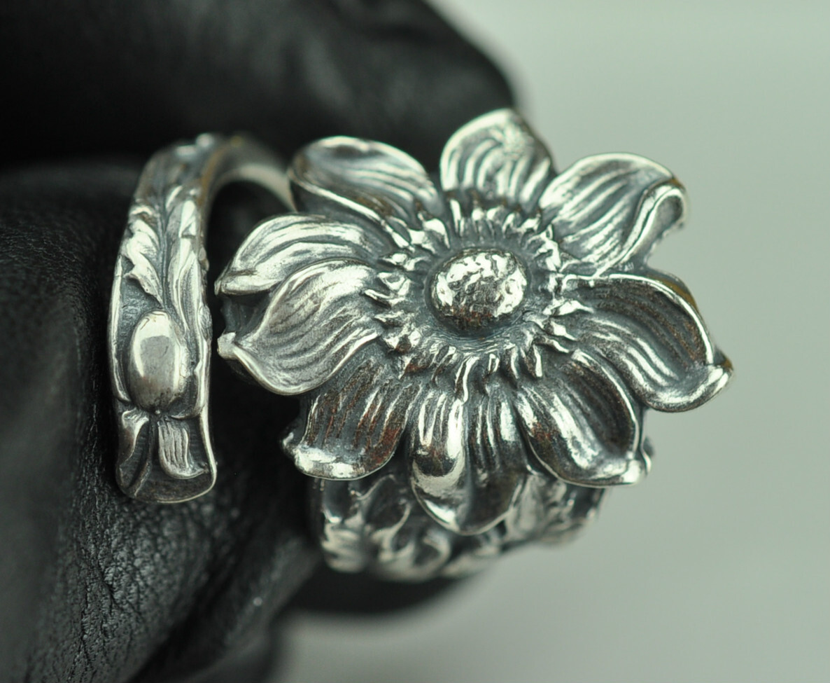 Solid 925 Sterling Silver Large Daisy Flower Floral Adjustable Spoon Ring
