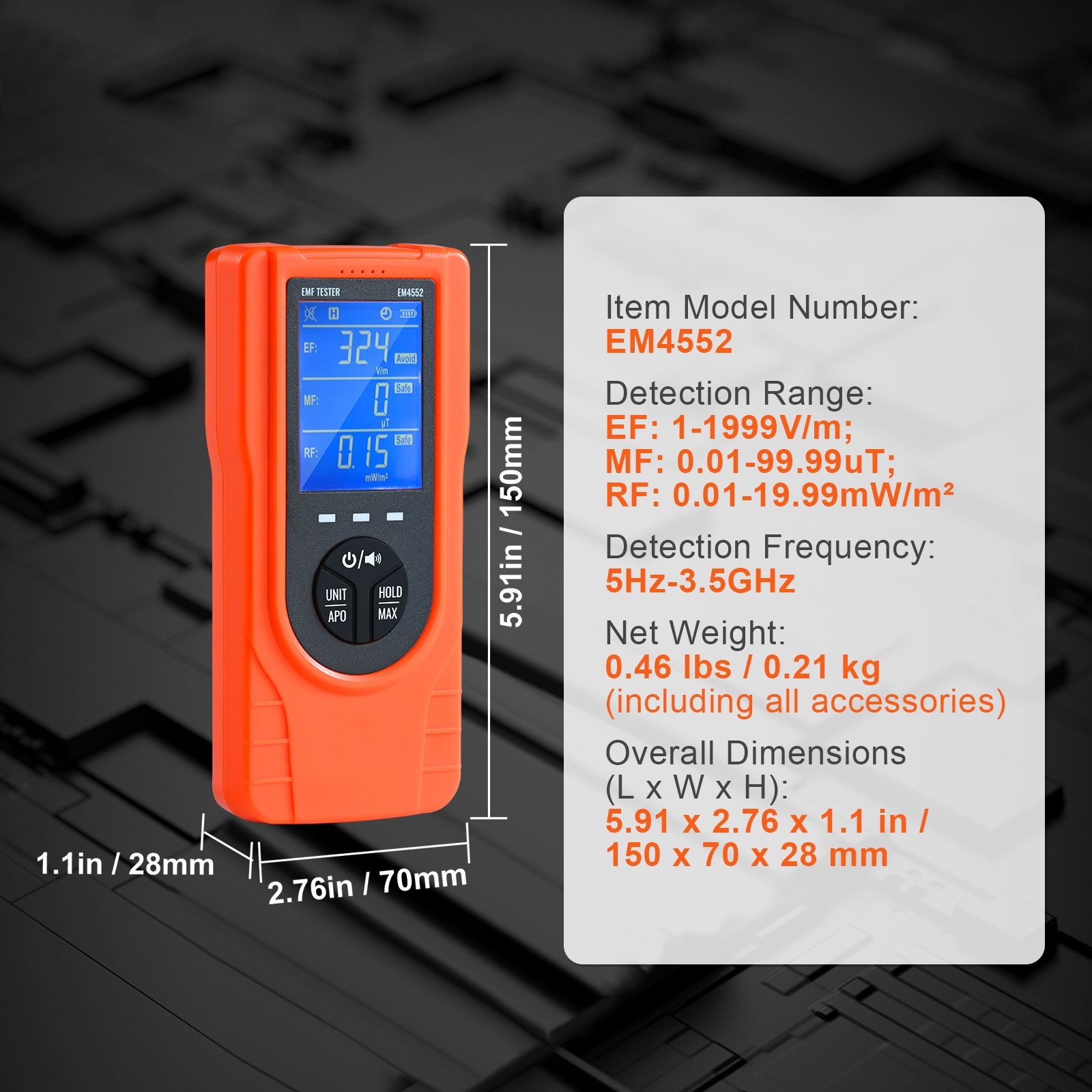 3-in-1 EMF Meter, 5Hz - 3.5GHz, Handheld Rechargeable Electromagnetic
