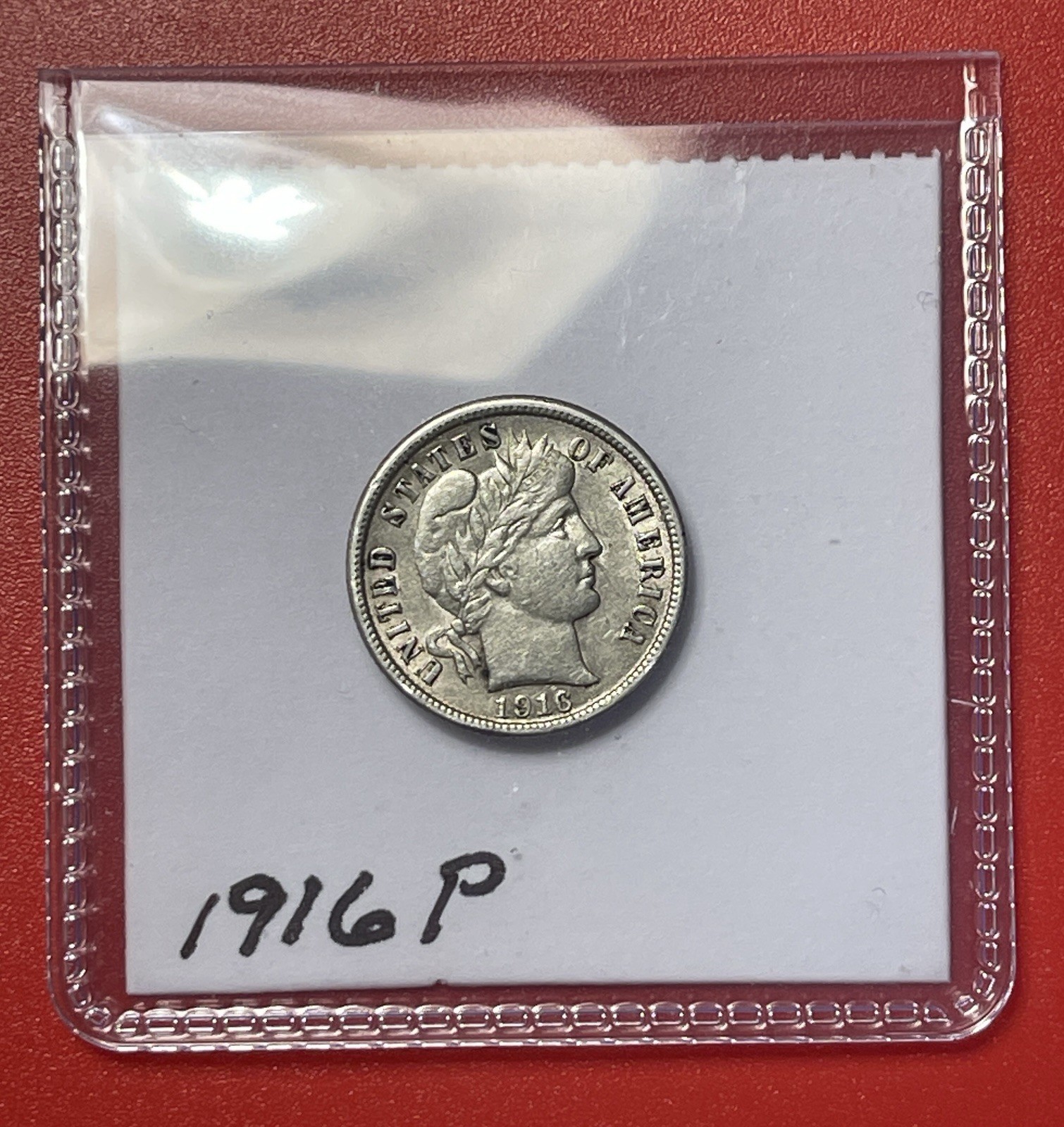 1916 P Barber Silver Dime, About Uncirculated (AU).