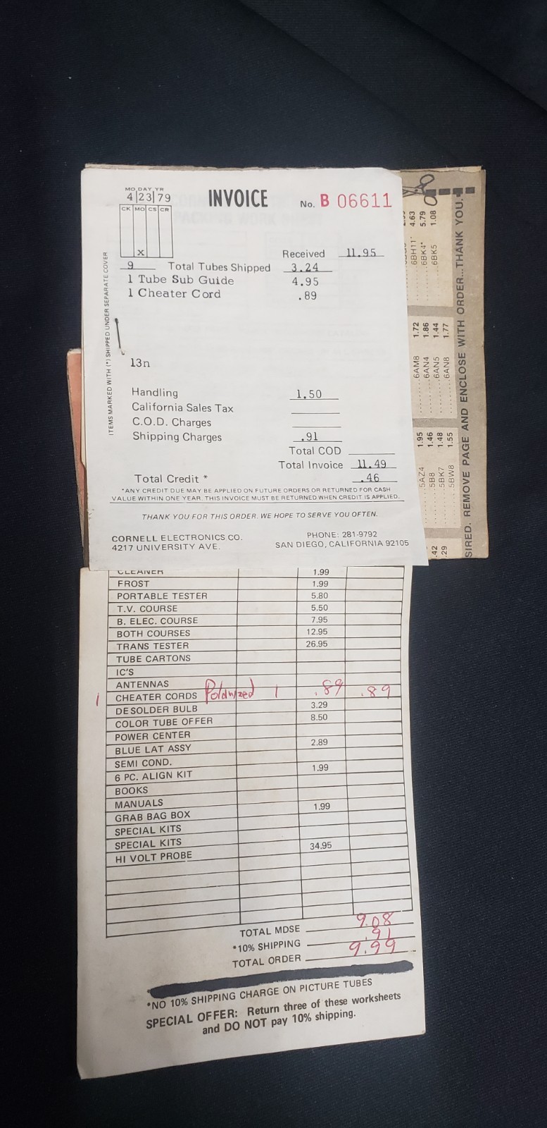 Cornell Electronics Company Mail Order Catalog / Invoice / Price Lists