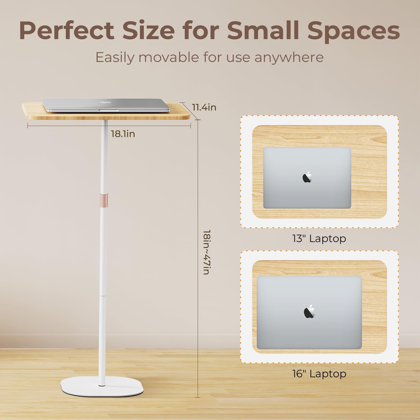 Portable Laptop Floor Stand, Bedside/Sofa Table with Height Adjustable 18''~47''