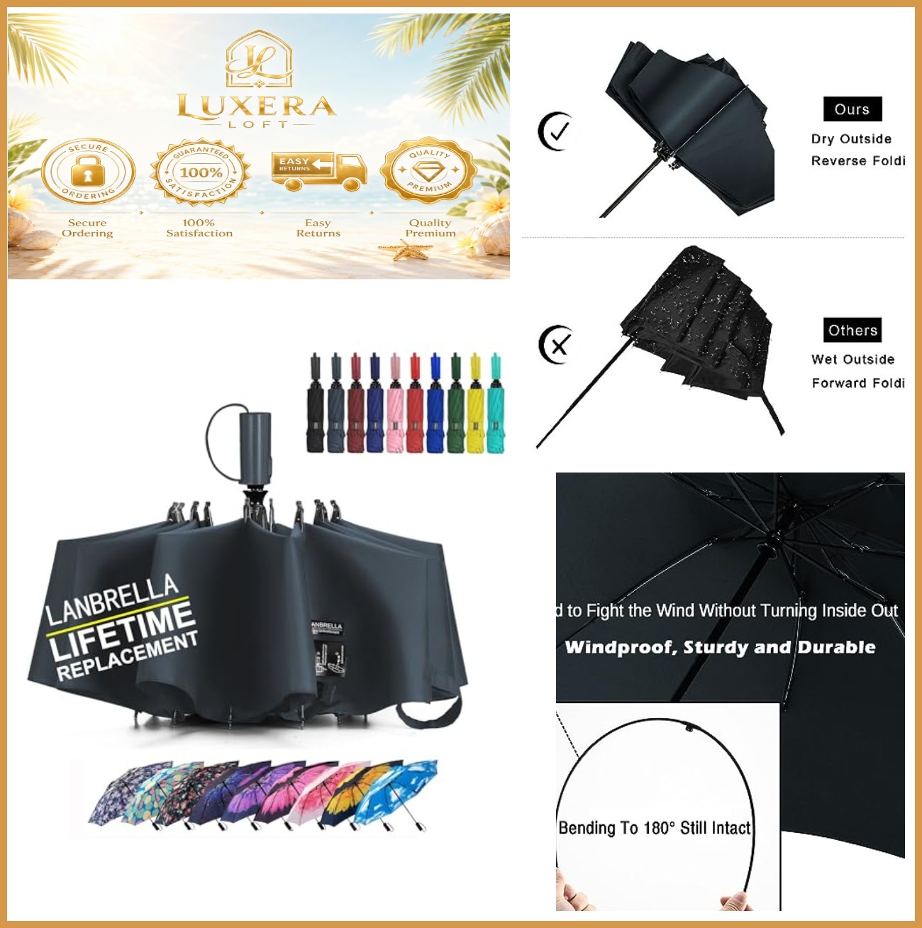 Compact Reverse Folding Travel Umbrella Auto Open Windproof 46 Inch