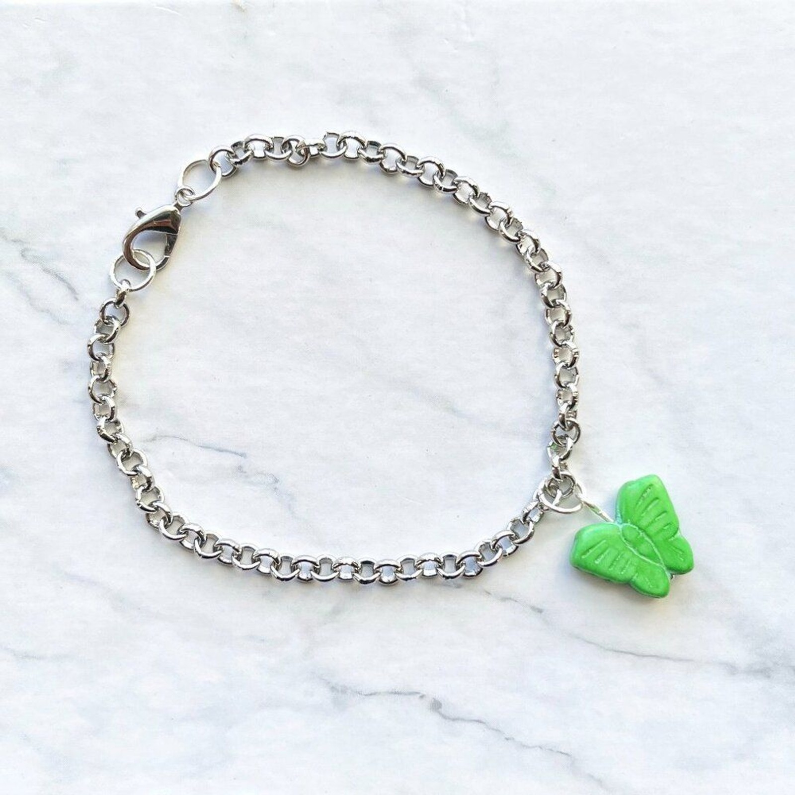 Green Butterfly Charm Silver Chain Bracelet