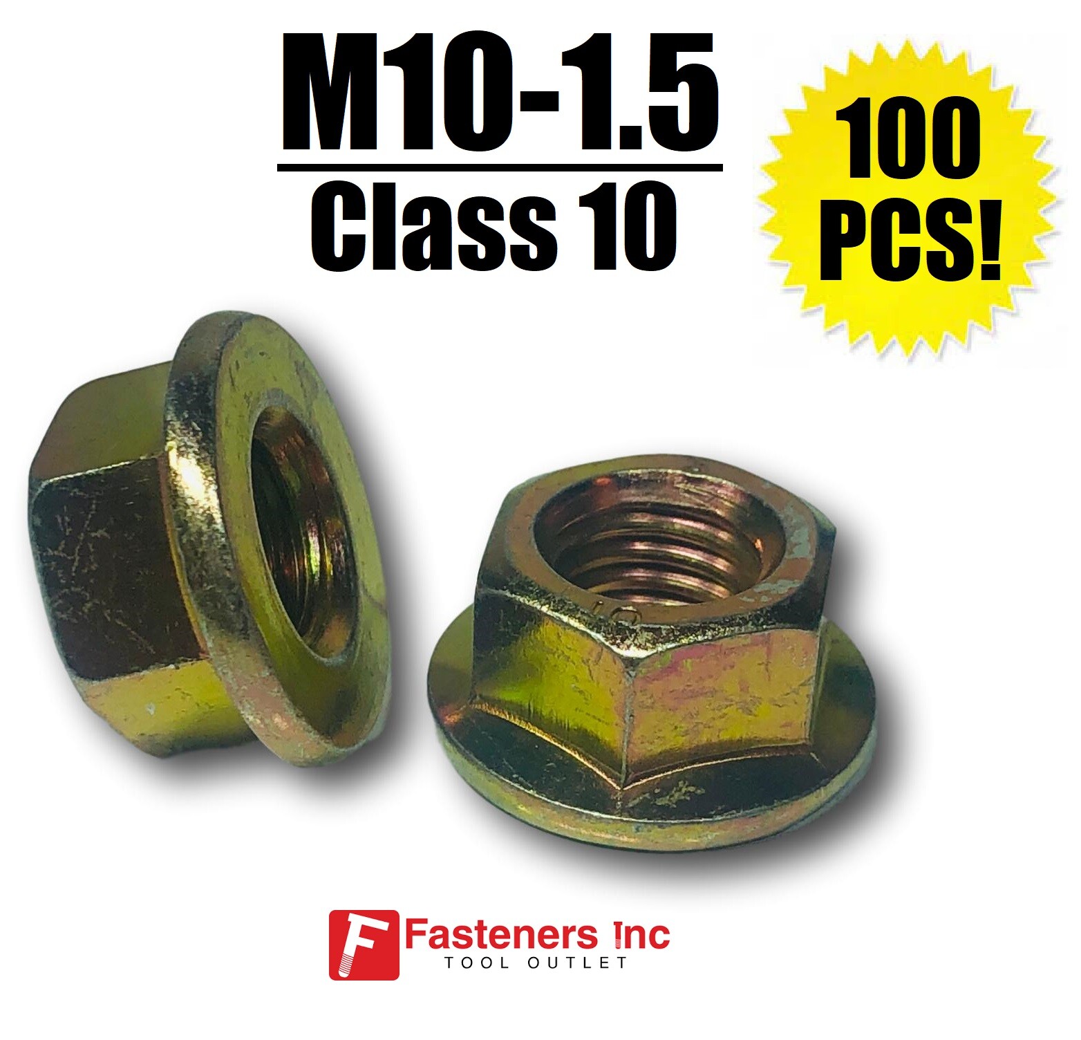 (QTY 100) M10-1.5 Metric Hex Flange Nuts Class 10 (Grade 8) Zinc Yellow