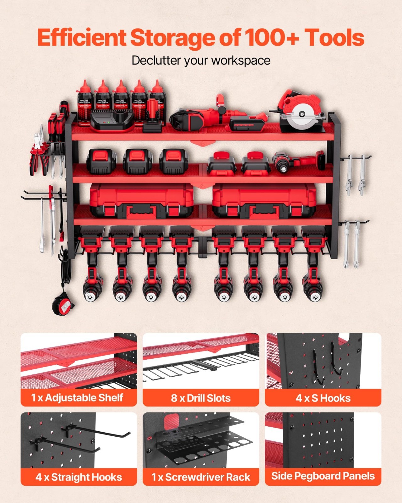 4-Layer Wall Mount Tool Organizer Rack with 8 Drill Holders & Side Pegboards - G