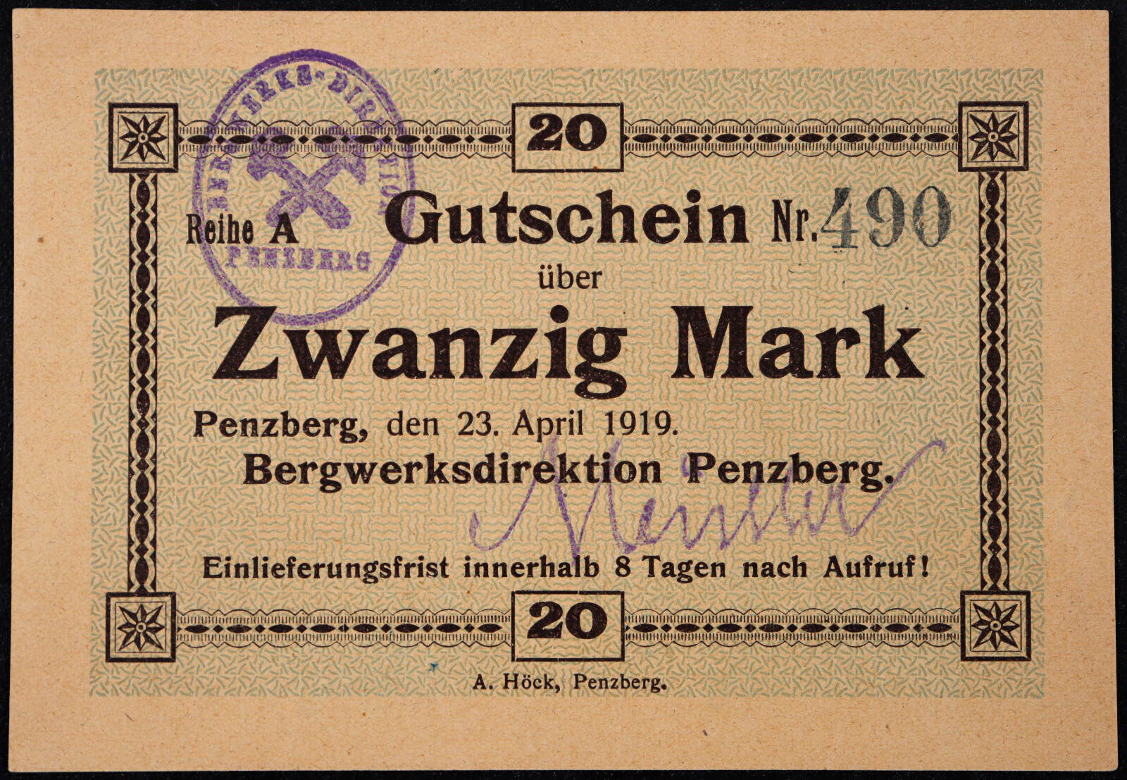 PENZBERG 1919 "Bergwerksdirektion" Rare 20 Mark Reihe A w/sig Grossnotgeld