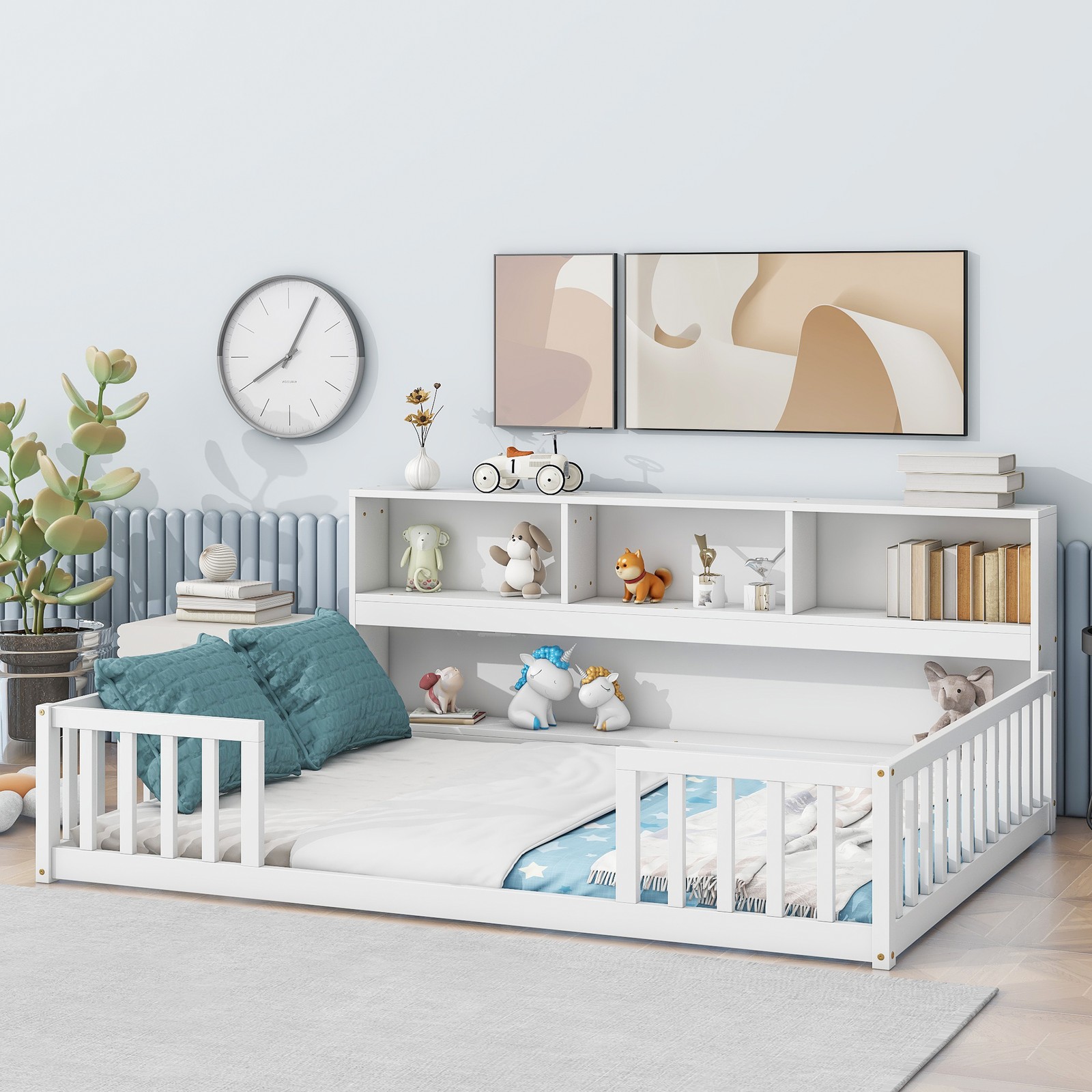Full Size Floor Bed w/ Bookcase & Guardrails, White, Sturdy Pine Frame