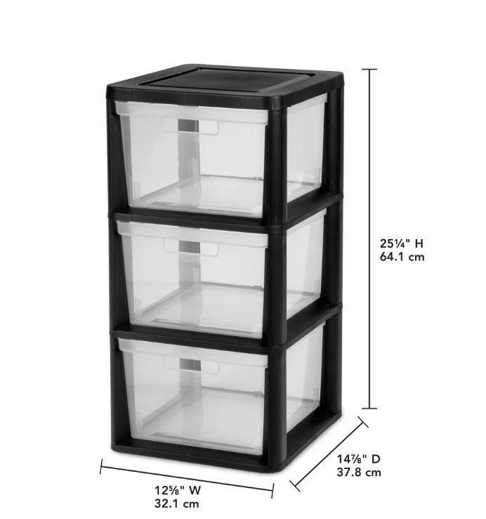 2 Pack 3 Drawer Storage Tower Plastic Organizer with Clear Bins Black