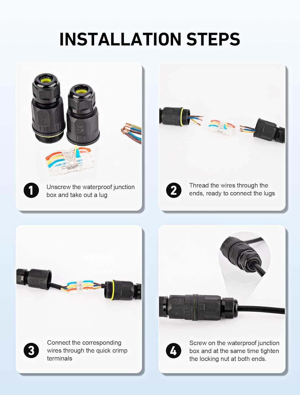 3-Pack Junction Box with 3 Pin Electrical Cable Connectors, IP68 Black