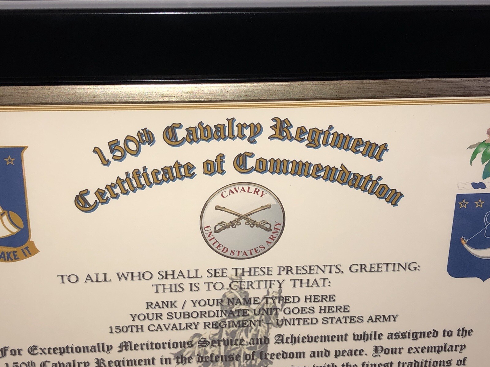150TH U.S. CAVALRY REGIMENT / COMMEMORATIVE - CERTIFICATE OF COMMENDATION