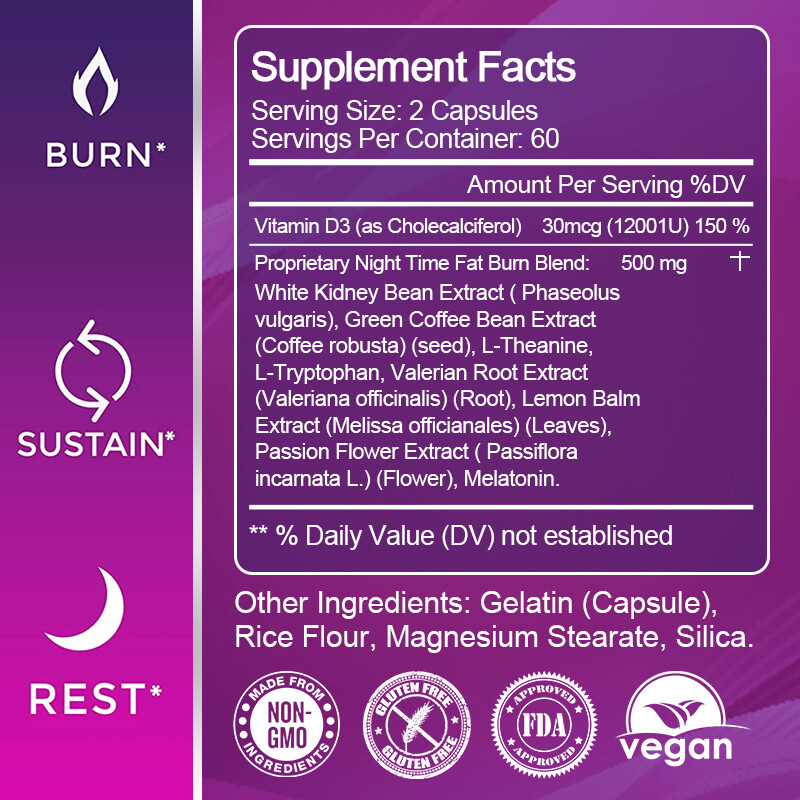 Night Time Slimming Capsules Fat Burning Support Weight Loss Suppress Appetite