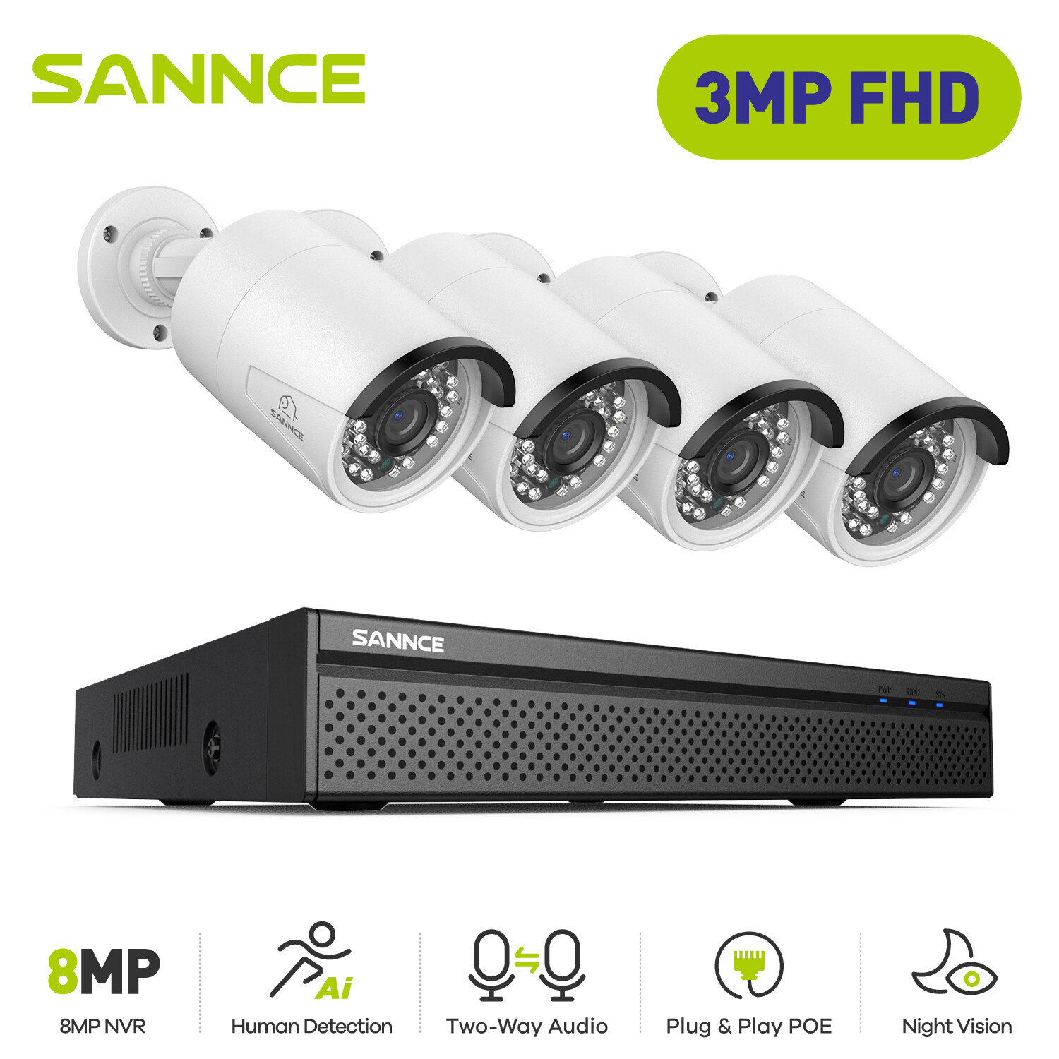 SANNCE 8CH NVR POE IP Security Camera System 3MP Outdoor Two Way Audio Recording