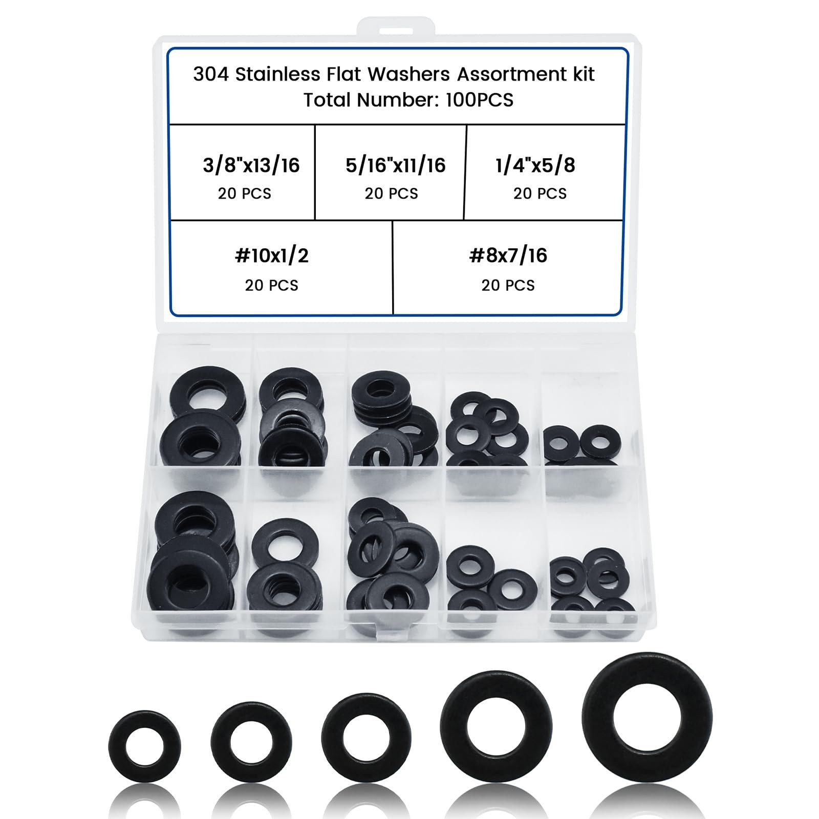 ZIUZI 100 Pcs 5 Sizes Washers Assortment Kit, Black 304 5 Sizes-Black 100pcs