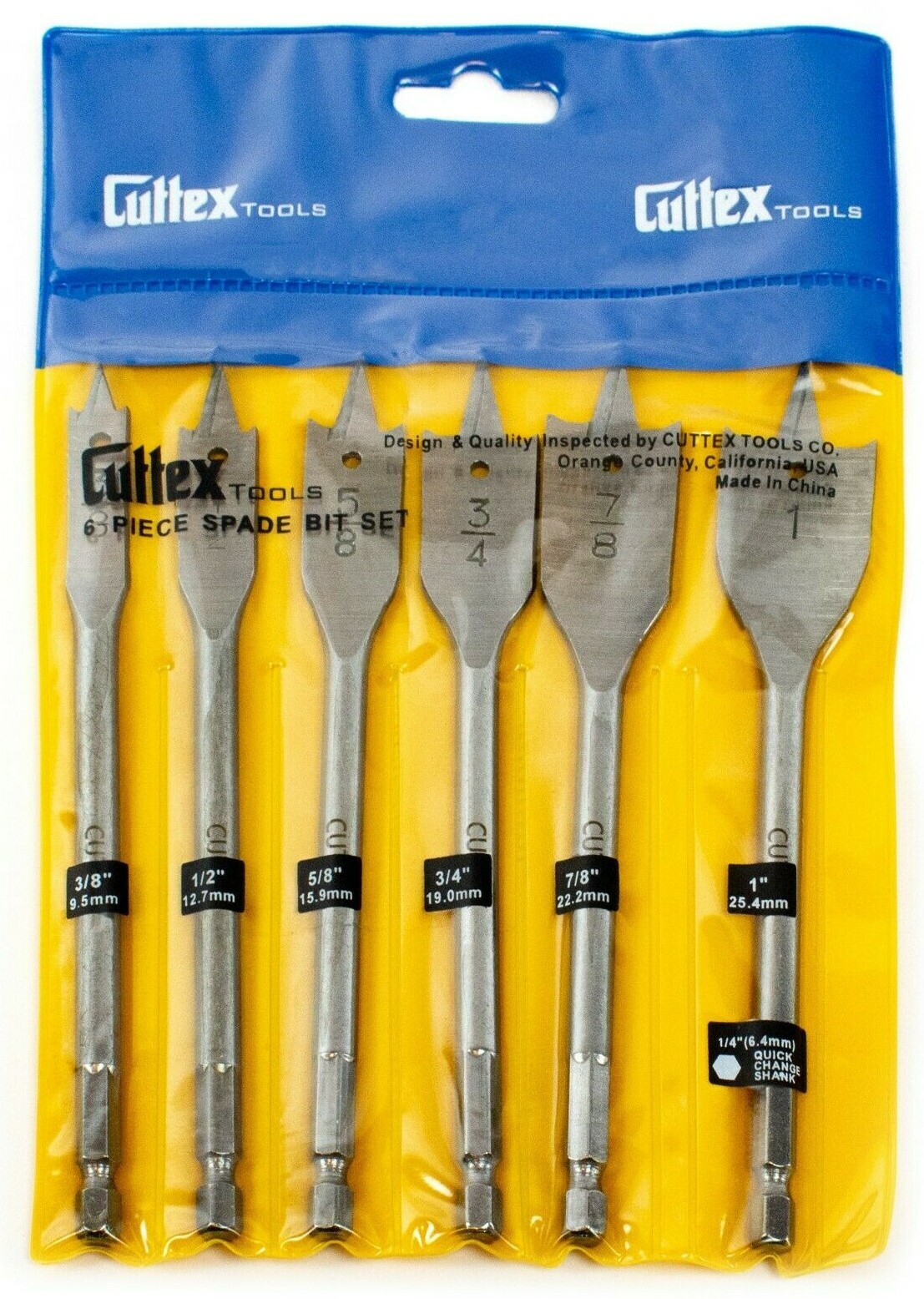 3/8" to 1" Spade Drill Bit Set, Cuttex Tools 6 PCS Full Set, Paddle Flat Bits