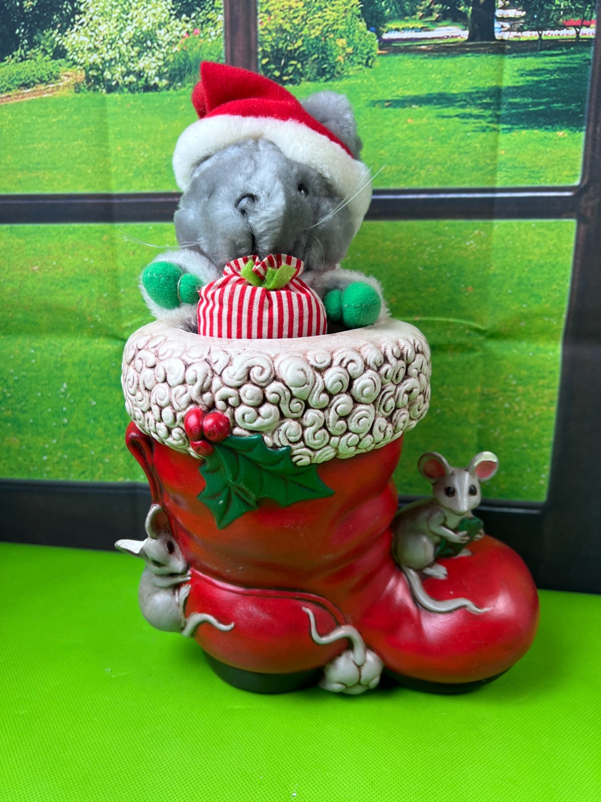 Vintage Ceramic Christmas Santa Claus Boot with mice planter vase Plush Mouse