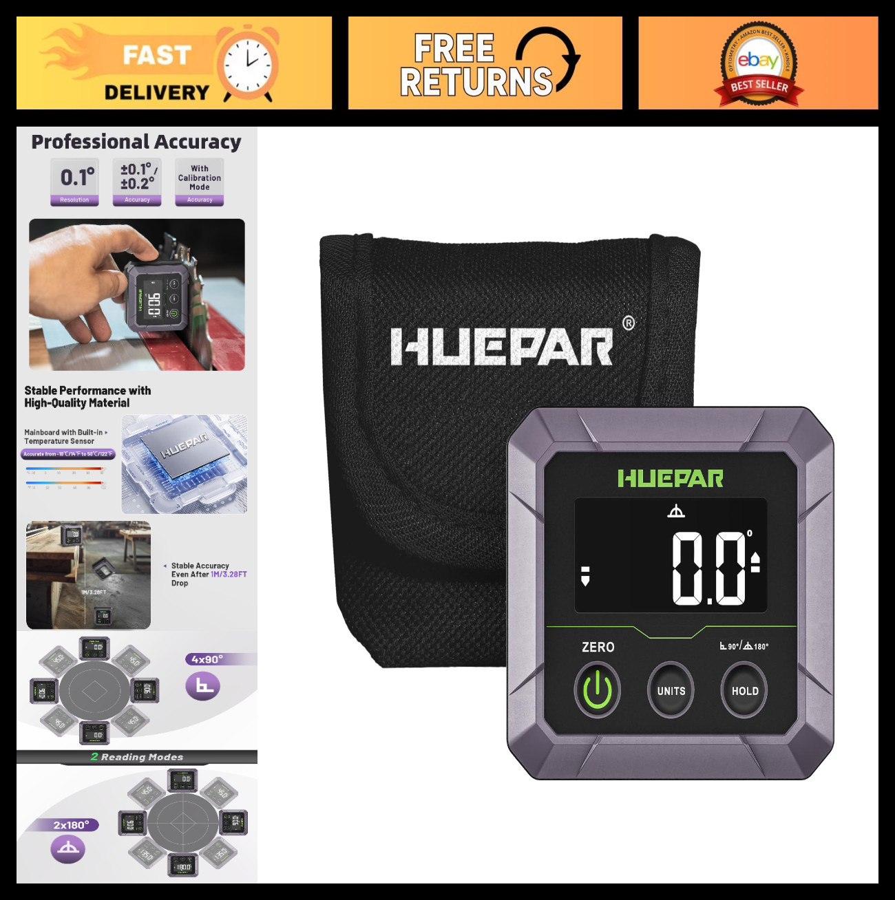 Digital Angle Finder with Magnetic Base - ±0.1° Accuracy Inclinometer, 0-180° Ga