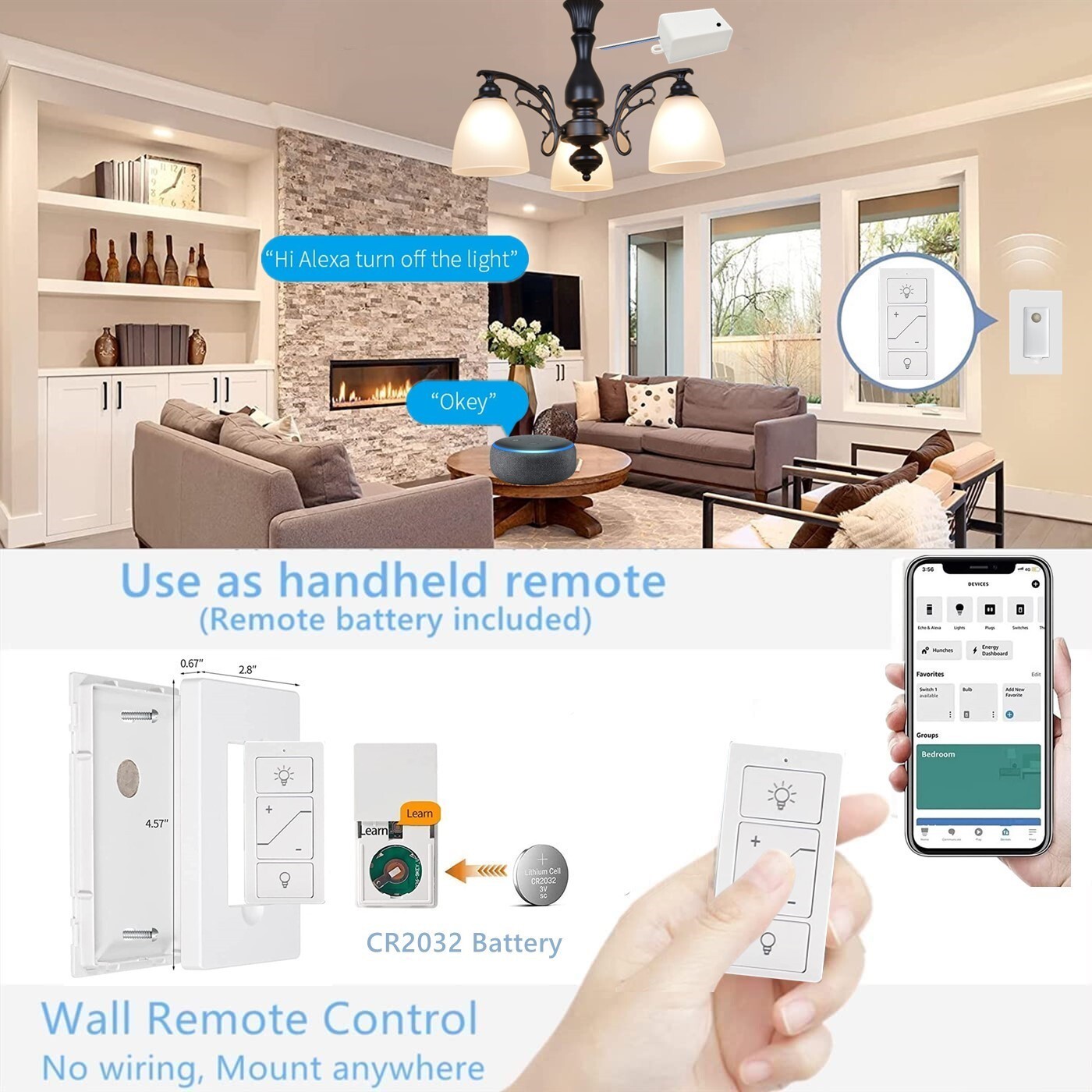 Smart Wireless Dimmer Switch & Receiver Ki No wiring Remote Control Work Alexa