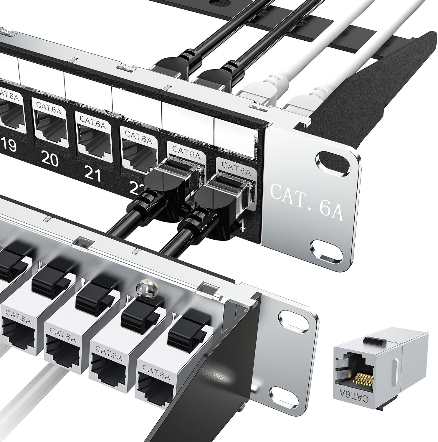 [UL Listed] 24-Port Shielded Cat6A Patch Panel, 19” 1U Rackmount/Wall Mount Feed